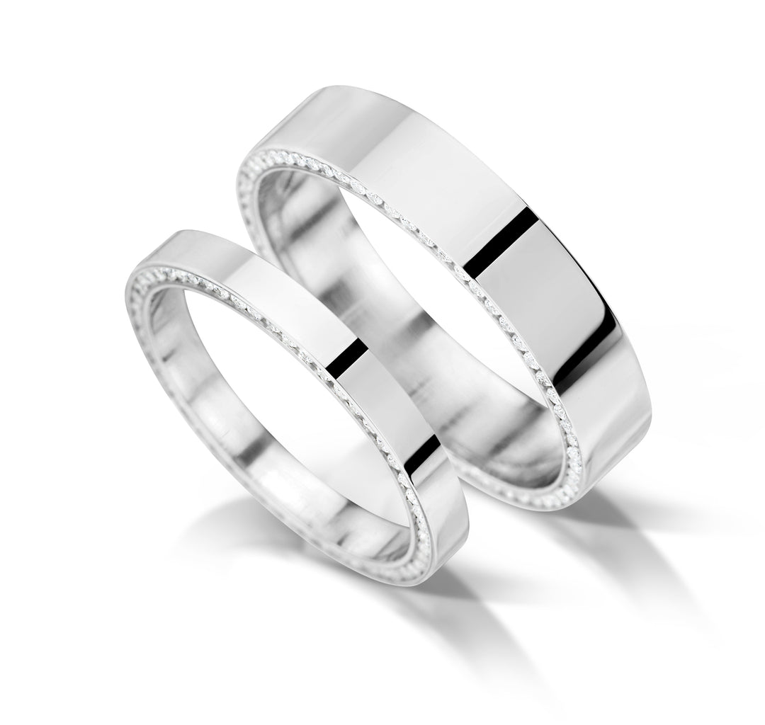 Set of 18k White Gold Wedding Bands with Side Set Diamonds