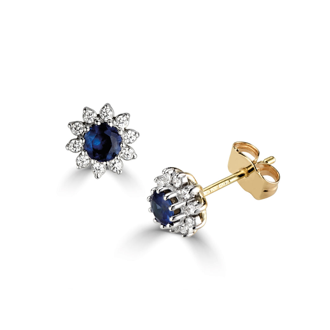 Round Sapphire & Diamond Flower Earrings