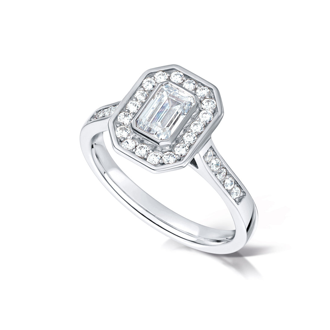 Radiant Cut Diamond Halo Ring with Diamond Shoulders