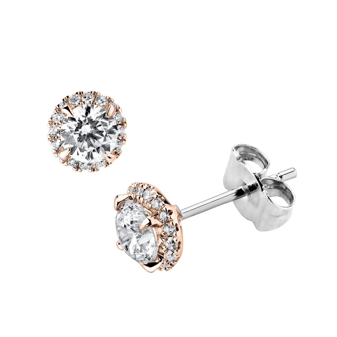 4 Claw Round Diamond Halo Stud Earrings