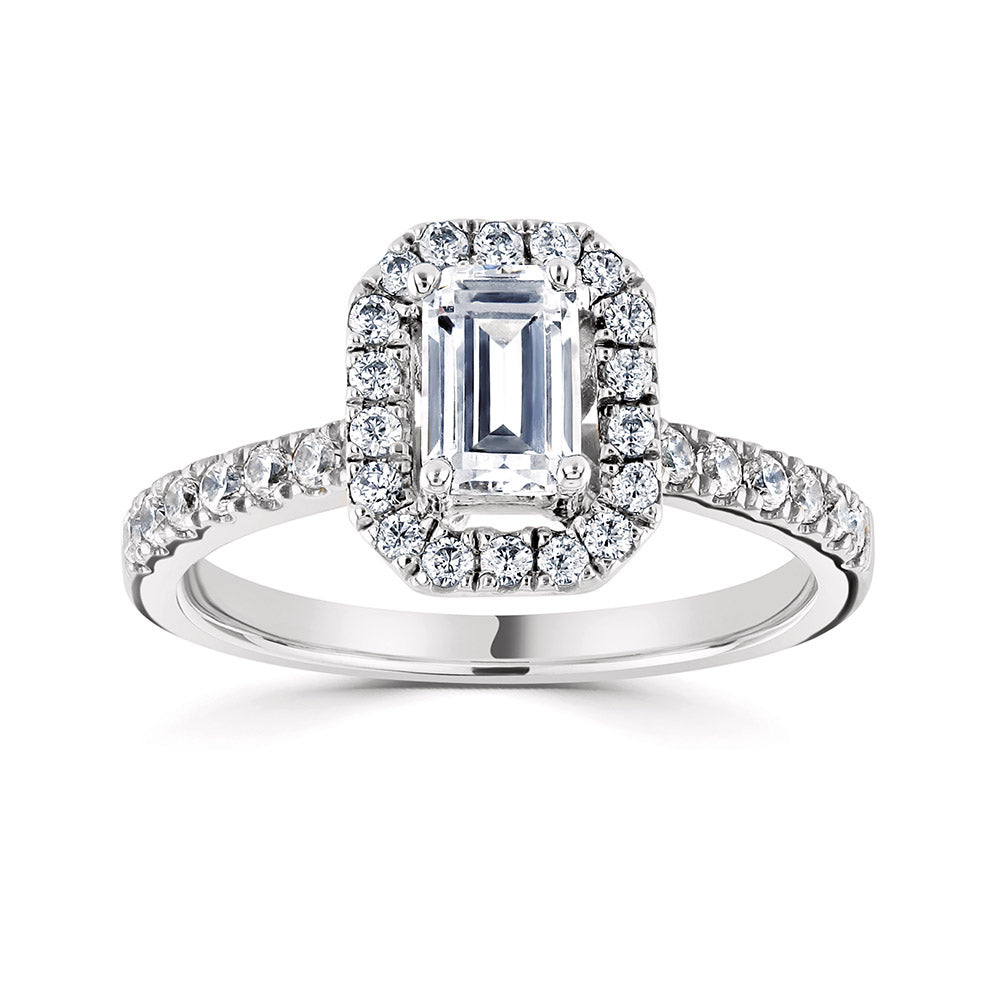 Emerald Cut Halo Ring with Shoulder Stones
