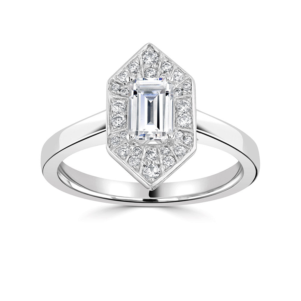 Emerald Cut Diamond with a pave hexagon diamond surround