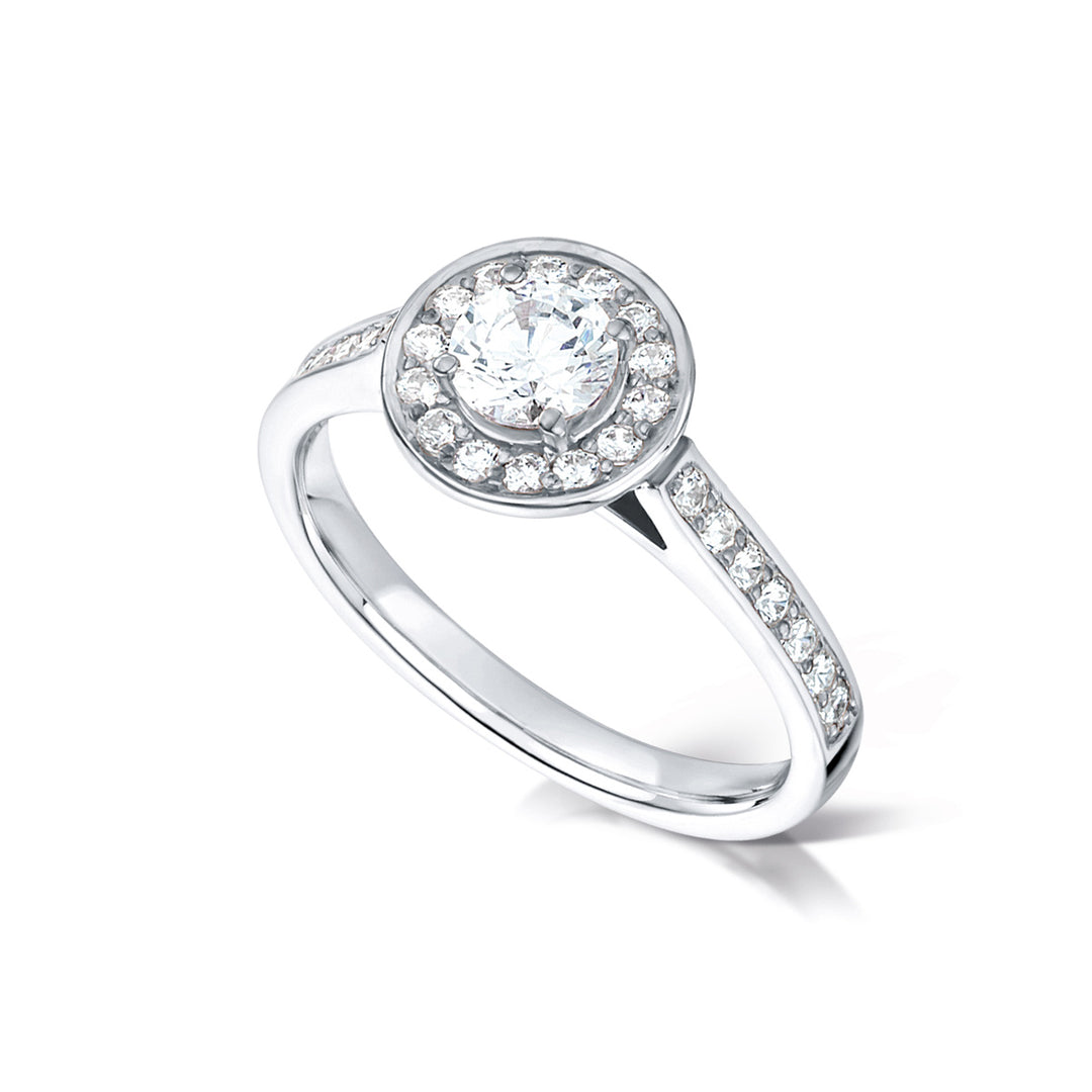 Round Cut Diamond Halo Ring with Diamond Shoulders