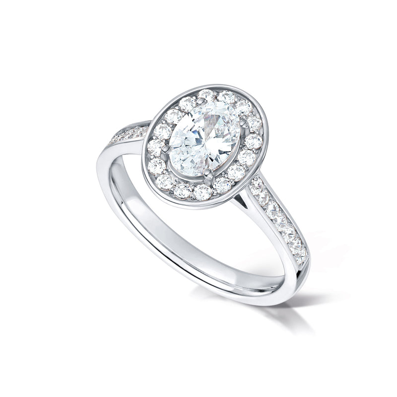 Oval Cut Diamond Halo Ring with Diamond Shoulders
