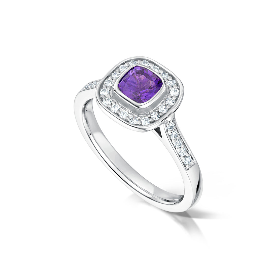 Amethyst & Diamond Halo Ring with Diamond Shoulders